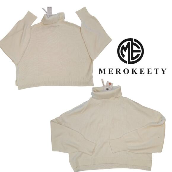 MEROKEETY Women's Ivory Turtleneck Batwing Sleeve Oversized Cropped Sweater XL - Picture 5 of 6